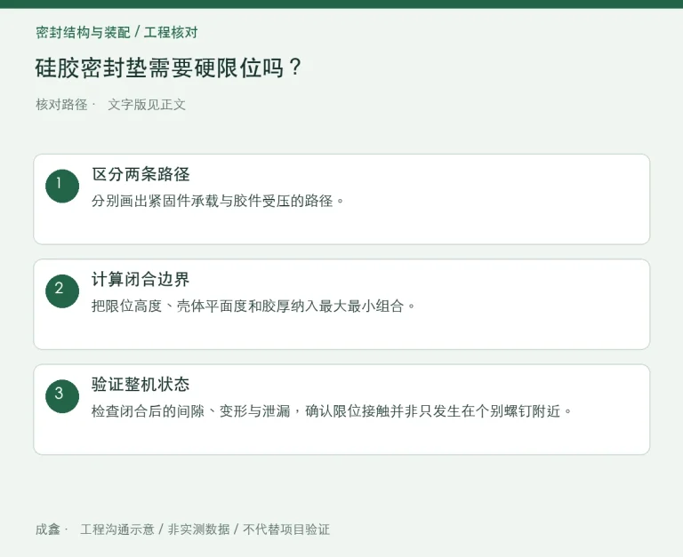 硅胶密封垫需要硬限位吗？把螺钉预紧与胶件压缩分开控制：原创工程核对路径示意