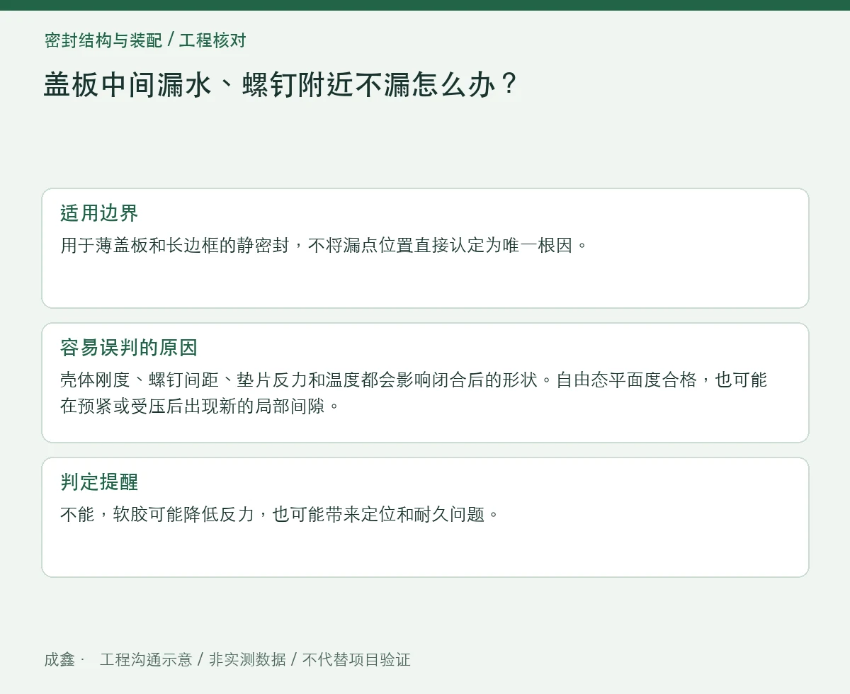 盖板中间漏水、螺钉附近不漏怎么办?密封跨距与盖板挠曲排查 适用边界与判定提醒图