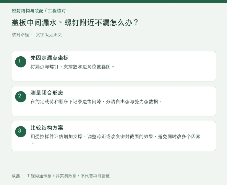 盖板中间漏水、螺钉附近不漏怎么办？密封跨距与盖板挠曲排查：原创工程核对路径示意