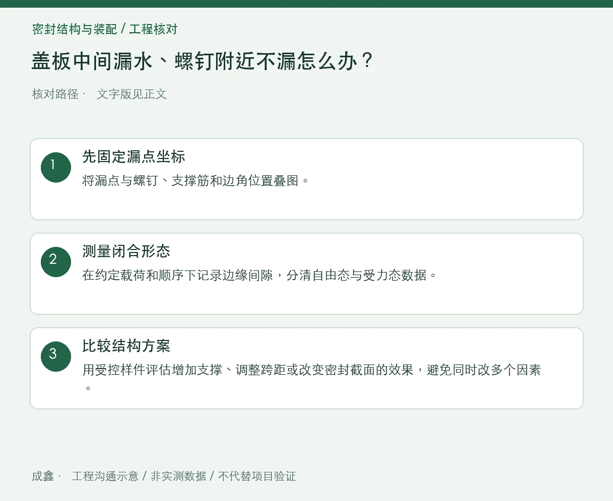 盖板中间漏水、螺钉附近不漏怎么办?密封跨距与盖板挠曲排查 三步核对图