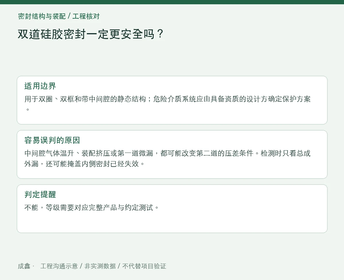 双道硅胶密封一定更安全吗?中间腔困压与排气设计检查 适用边界与判定提醒图
