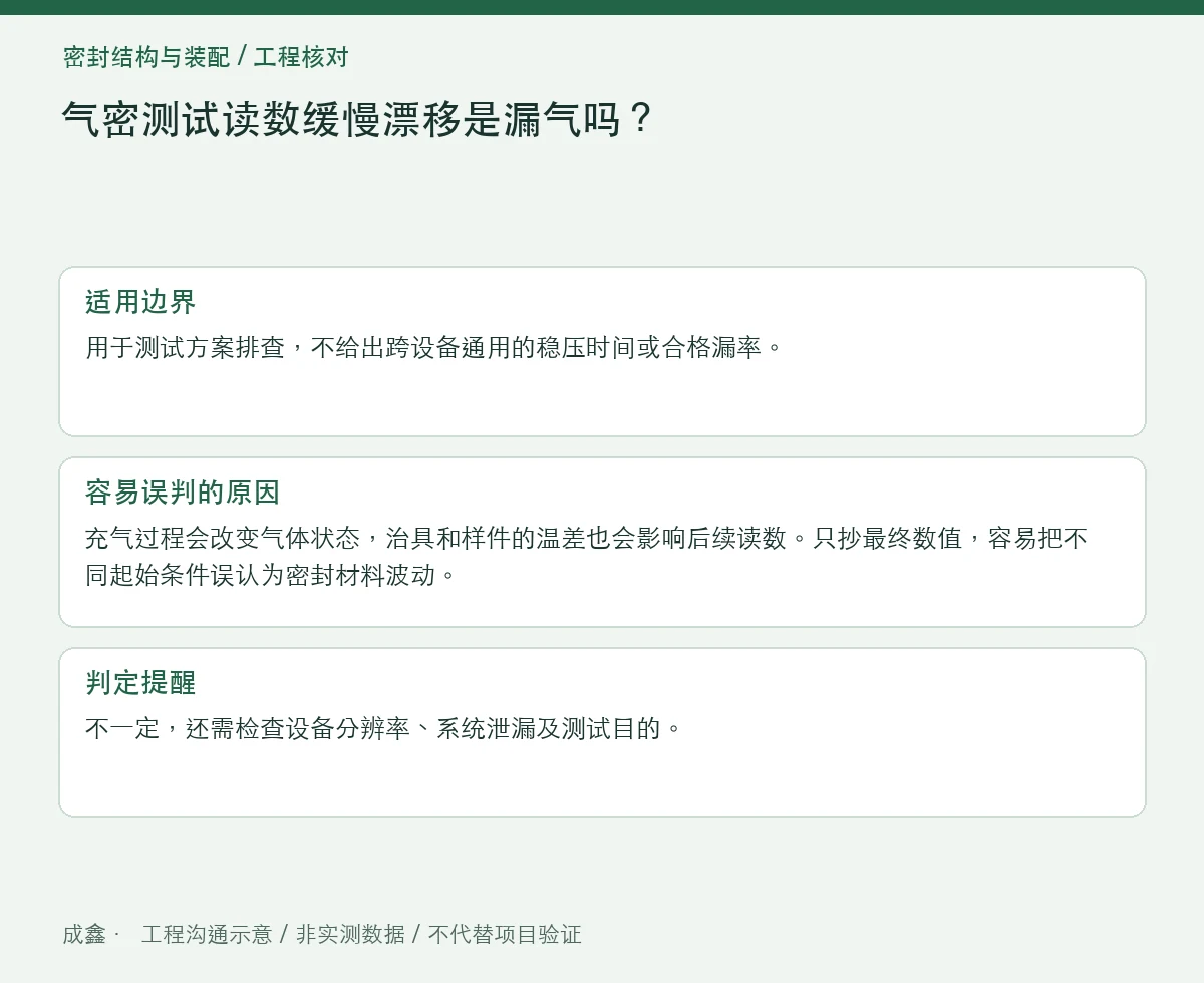 气密测试读数缓慢漂移是漏气吗?温度稳定与空白件对照 适用边界与判定提醒图