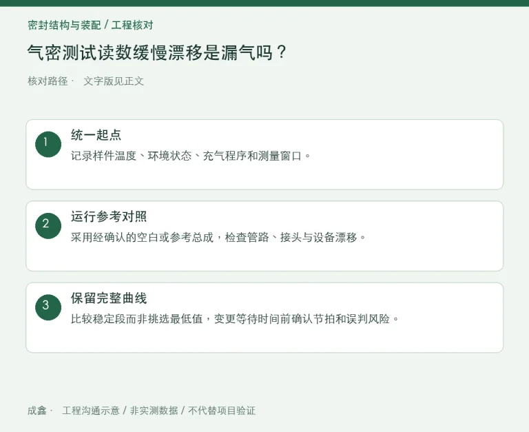 气密测试读数缓慢漂移是漏气吗？温度稳定与空白件对照：原创工程核对路径示意