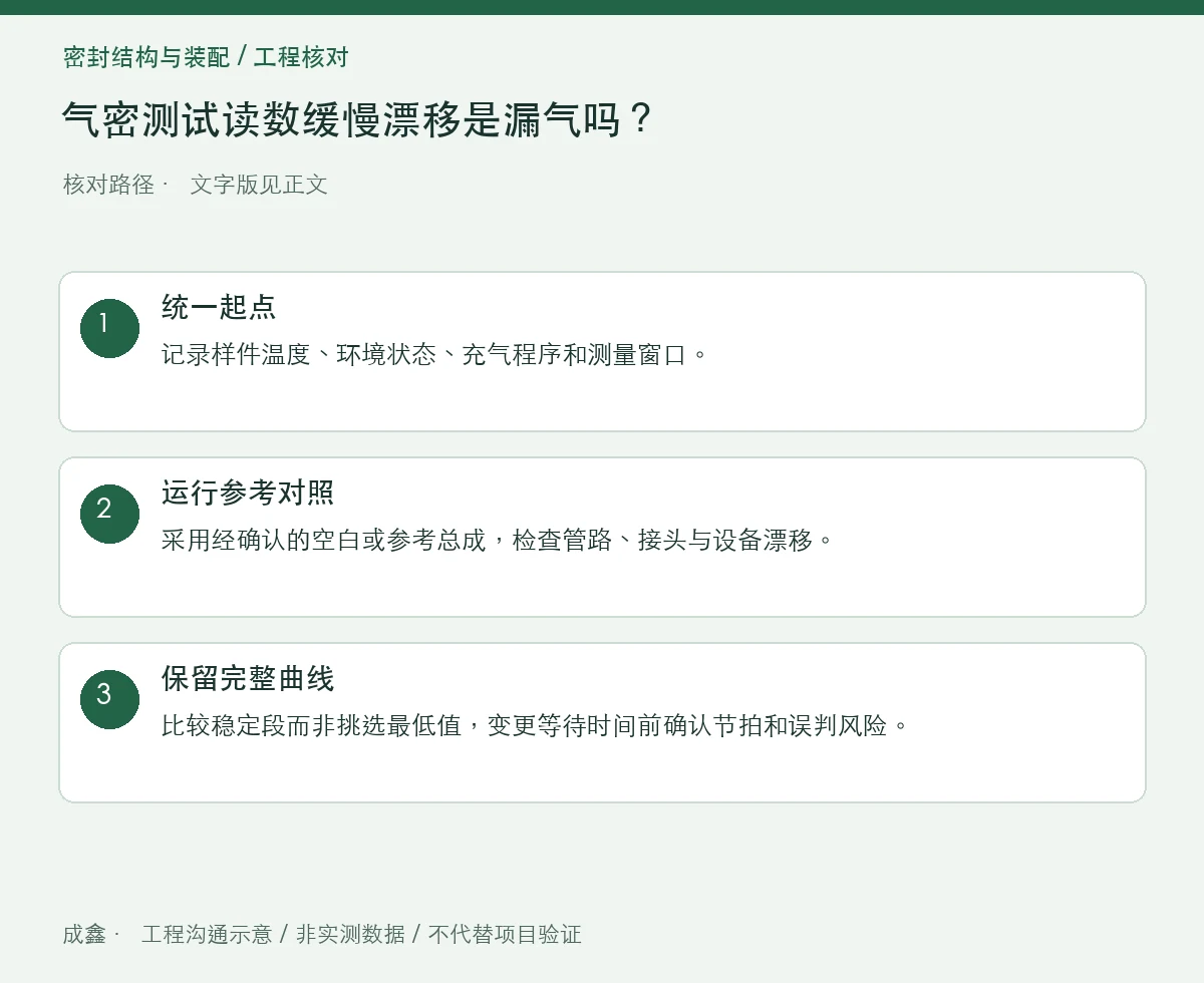 气密测试读数缓慢漂移是漏气吗?温度稳定与空白件对照 三步核对图