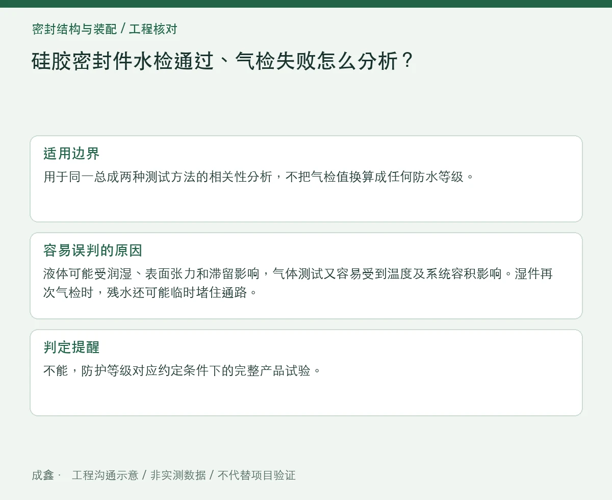 硅胶密封件水检通过、气检失败怎么分析?两种方法的边界 适用边界与判定提醒图
