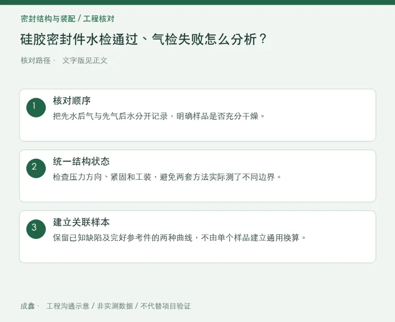 硅胶密封件水检通过、气检失败怎么分析？两种方法的边界：原创工程核对路径示意