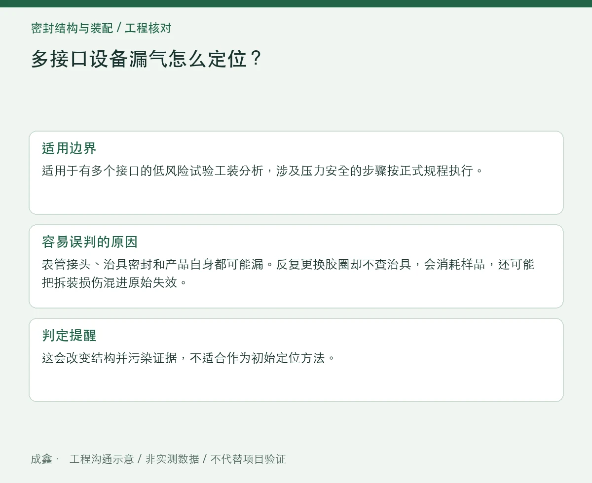 多接口设备漏气怎么定位?分段封堵与治具本底检查 适用边界与判定提醒图