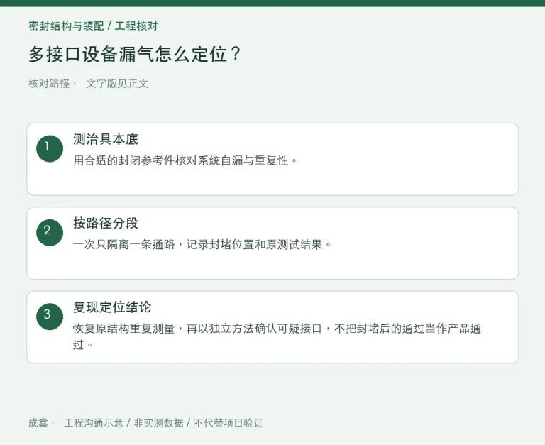 多接口设备漏气怎么定位？分段封堵与治具本底检查：原创工程核对路径示意
