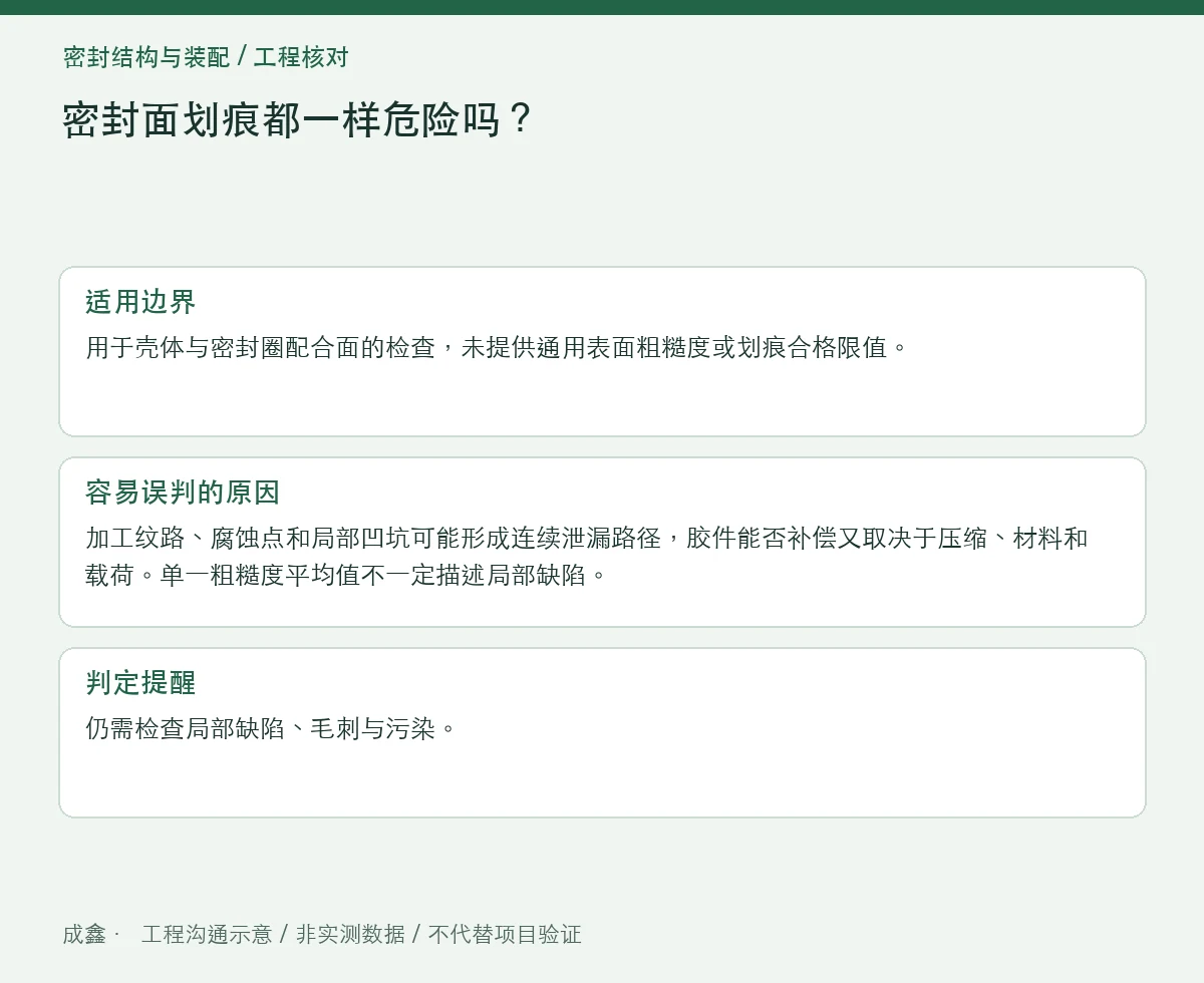 密封面划痕都一样危险吗?跨越接触带与沿向痕迹怎么记录 适用边界与判定提醒图