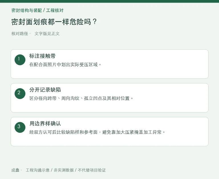 密封面划痕都一样危险吗？跨越接触带与沿向痕迹怎么记录：原创工程核对路径示意