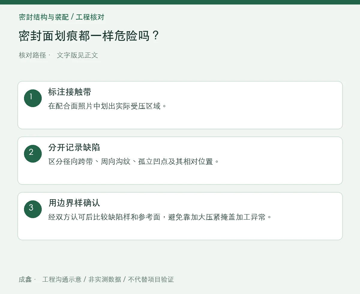 密封面划痕都一样危险吗?跨越接触带与沿向痕迹怎么记录 三步核对图