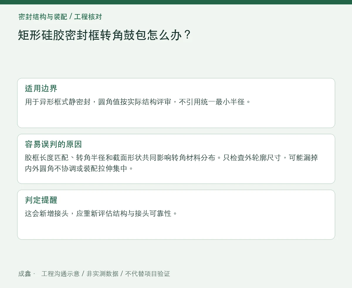 矩形硅胶密封框转角鼓包怎么办？圆角配合与局部堆胶检查 适用边界与判定提醒图