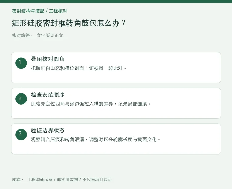 矩形硅胶密封框转角鼓包怎么办？圆角配合与局部堆胶检查：原创工程核对路径示意
