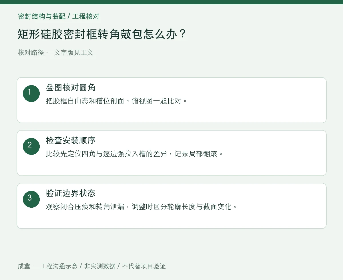 矩形硅胶密封框转角鼓包怎么办？圆角配合与局部堆胶检查 三步核对图