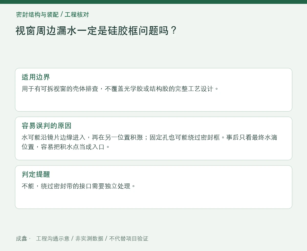 视窗周边漏水一定是硅胶框问题吗?镜片、壳体与紧固路径分开查 适用边界与判定提醒图