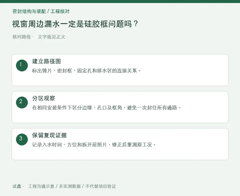 视窗周边漏水一定是硅胶框问题吗？镜片、壳体与紧固路径分开查：原创工程核对路径示意