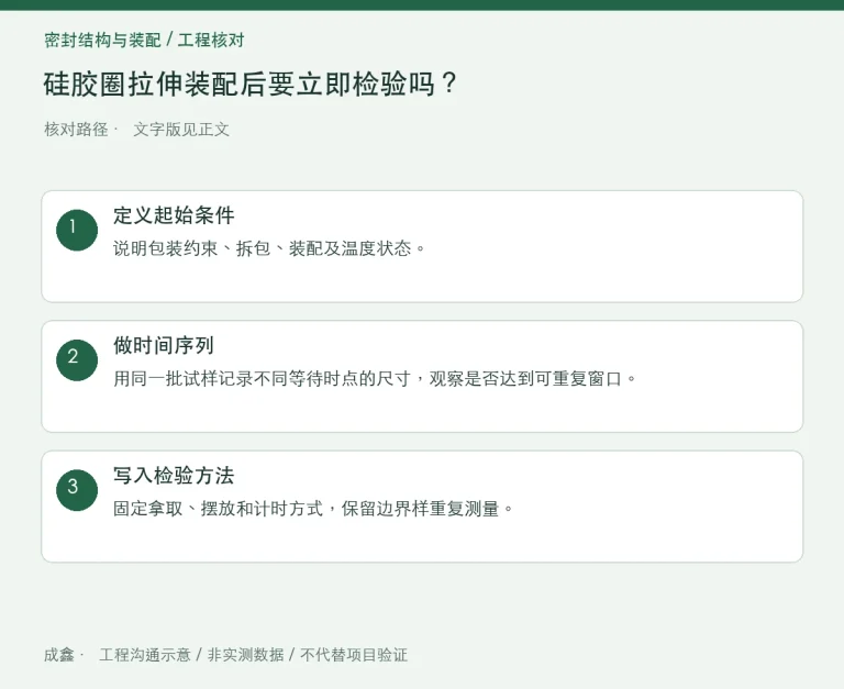 硅胶圈拉伸装配后要立即检验吗？等待时间与尺寸状态统一：原创工程核对路径示意