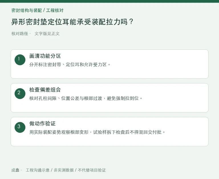 异形密封垫定位耳能承受装配拉力吗？定位与承载功能分离：原创工程核对路径示意