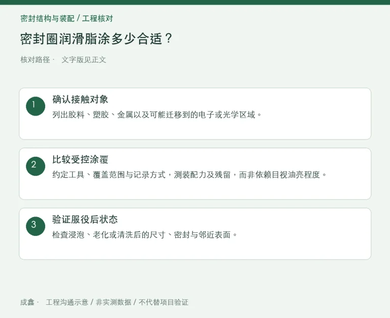 密封圈润滑脂涂多少合适？装配助力与污染风险分开验证：原创工程核对路径示意