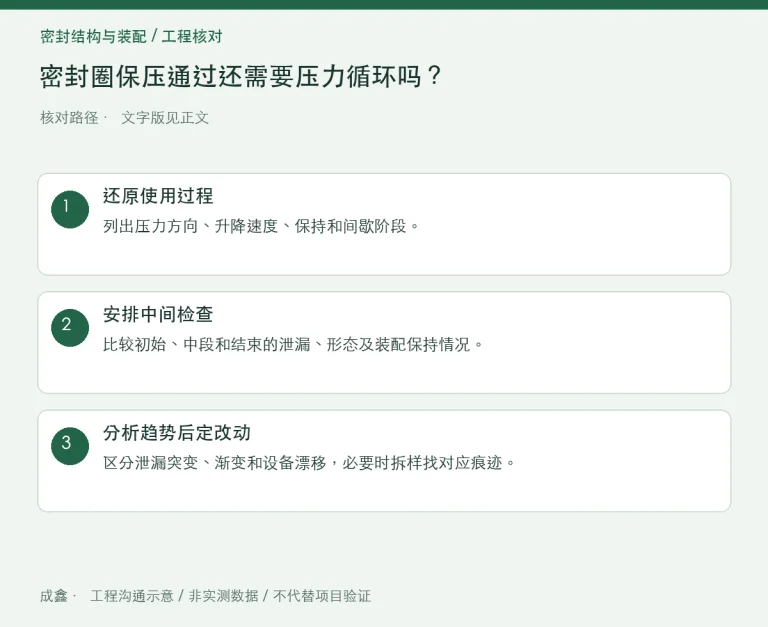 密封圈保压通过还需要压力循环吗？静态与反复载荷的验证分工：原创工程核对路径示意