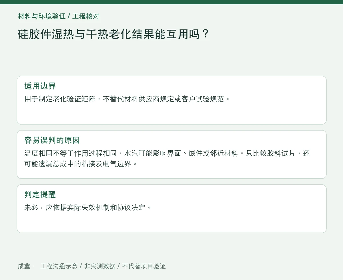 硅胶件湿热与干热老化结果能互用吗?试验环境的选择 适用边界与判定提醒图