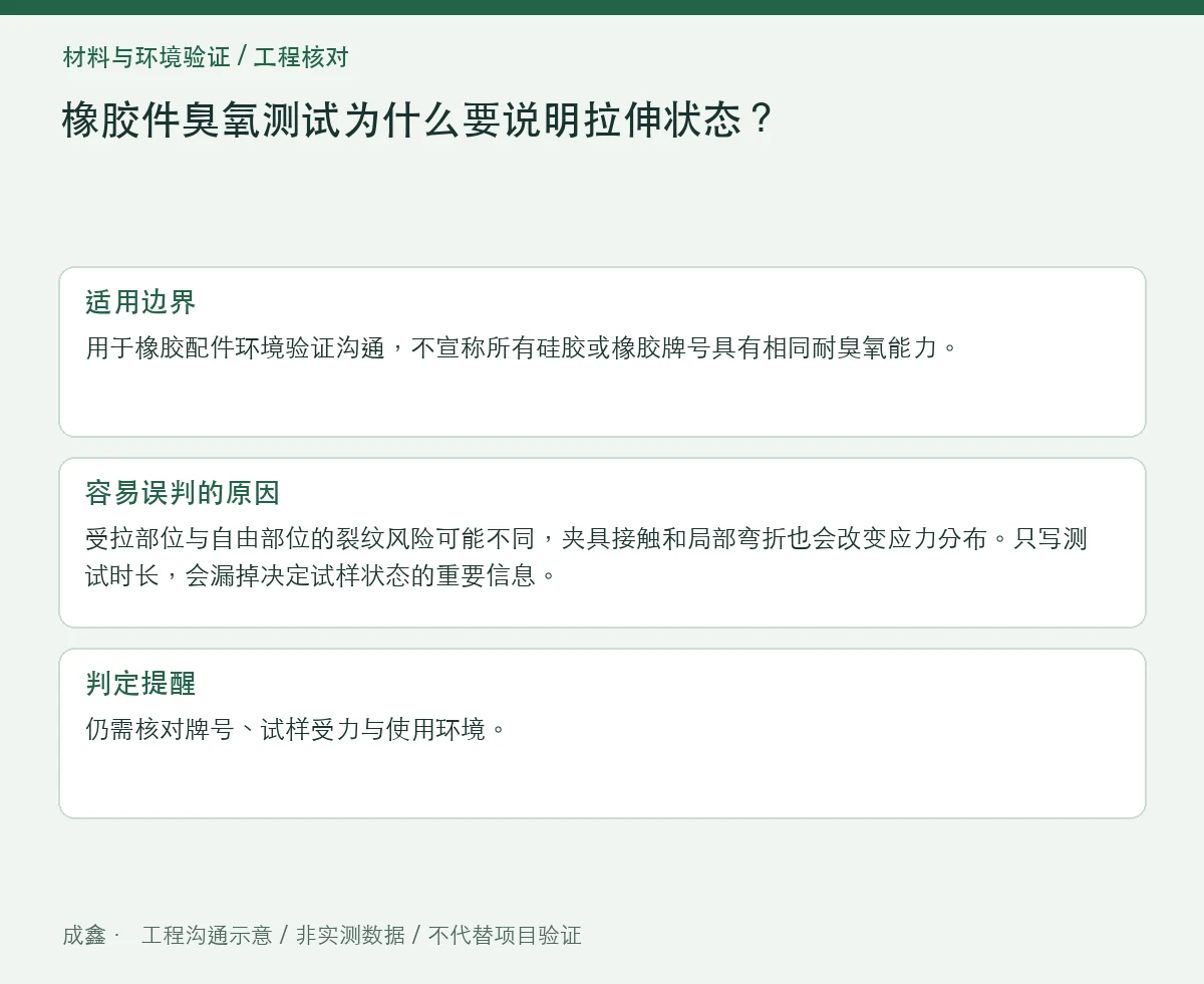 橡胶件臭氧测试为什么要说明拉伸状态?裂纹方向与夹具记录 适用边界与判定提醒图