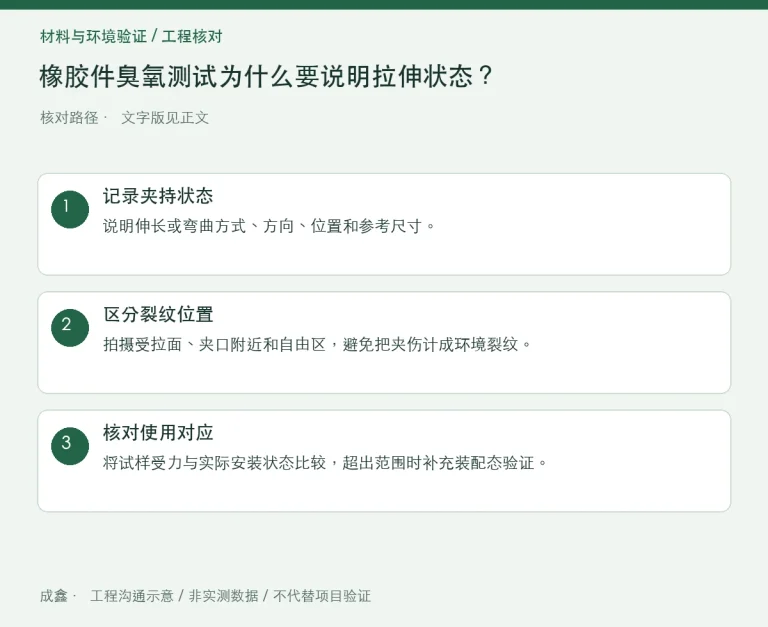 橡胶件臭氧测试为什么要说明拉伸状态？裂纹方向与夹具记录：原创工程核对路径示意