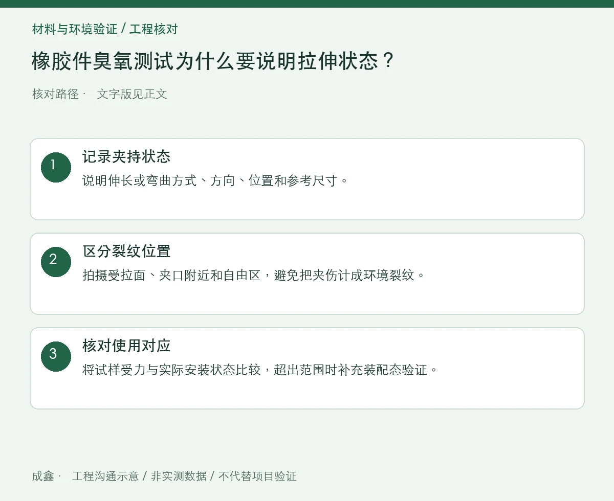 橡胶件臭氧测试为什么要说明拉伸状态?裂纹方向与夹具记录 三步核对图