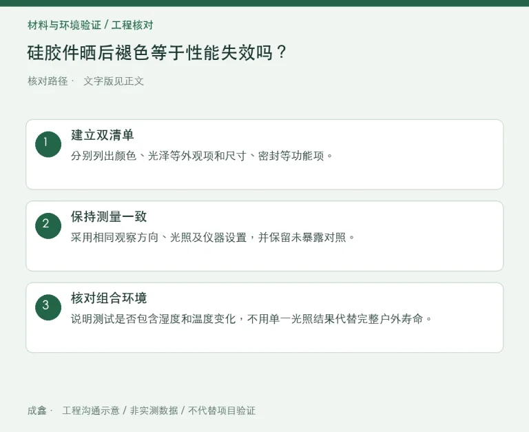硅胶件晒后褪色等于性能失效吗？外观与功能分开验收：原创工程核对路径示意