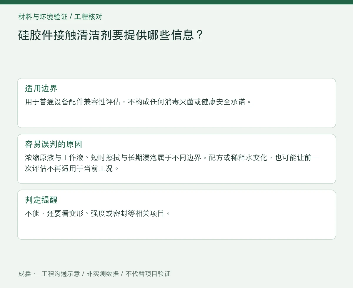 硅胶件接触清洁剂要提供哪些信息?浓度、温度与漂洗流程 适用边界与判定提醒图
