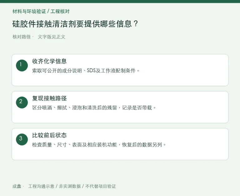 硅胶件接触清洁剂要提供哪些信息？浓度、温度与漂洗流程：原创工程核对路径示意