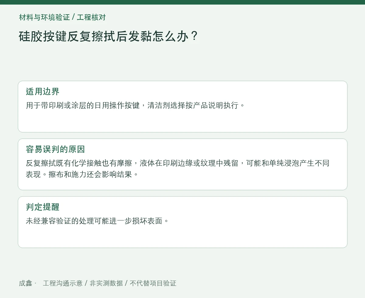 硅胶按键反复擦拭后发黏怎么办?清洁液、涂层与擦拭载荷分组 适用边界与判定提醒图