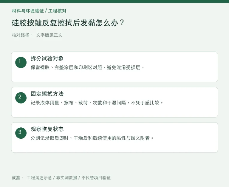硅胶按键反复擦拭后发黏怎么办？清洁液、涂层与擦拭载荷分组：原创工程核对路径示意