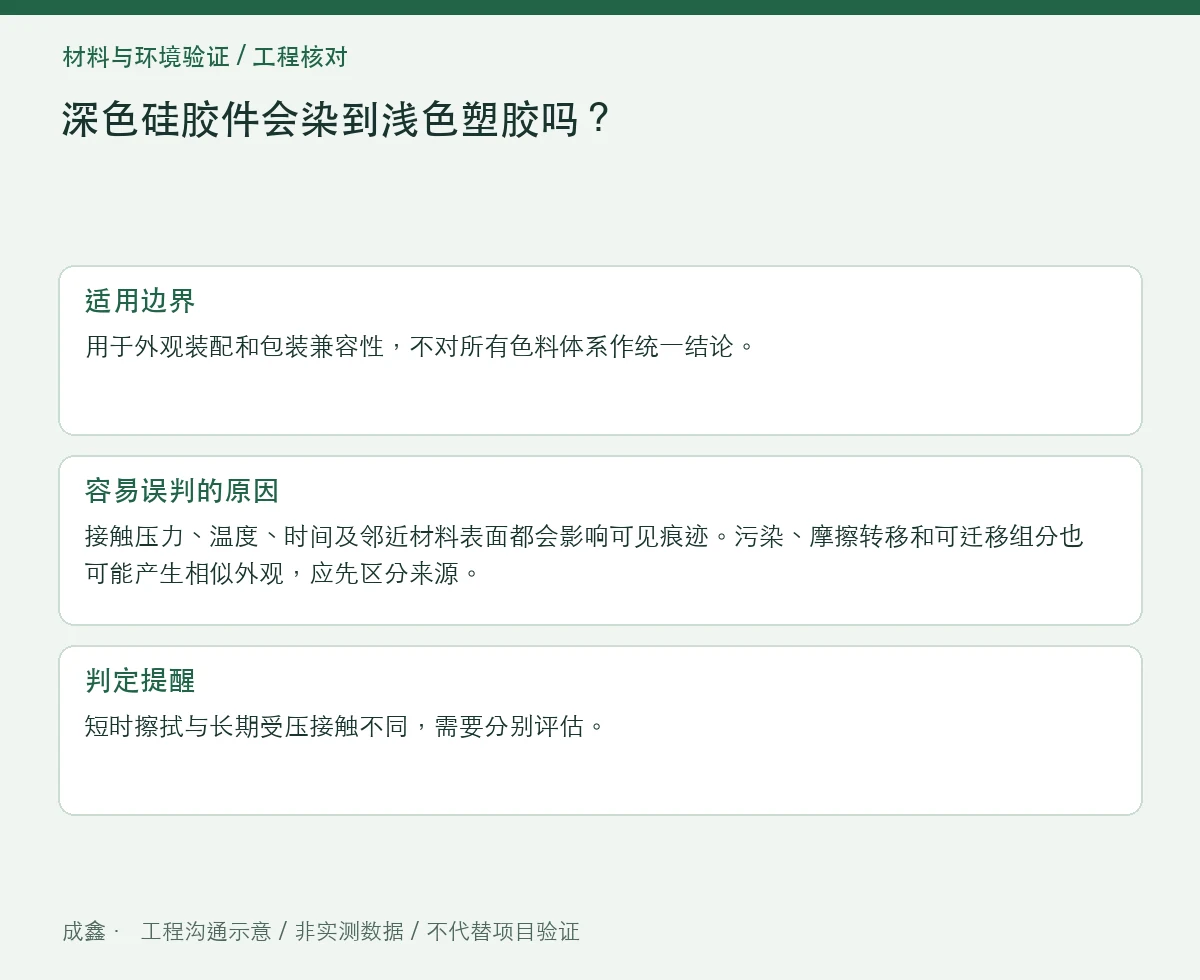 深色硅胶件会染到浅色塑胶吗?接触迁移的配对测试 适用边界与判定提醒图