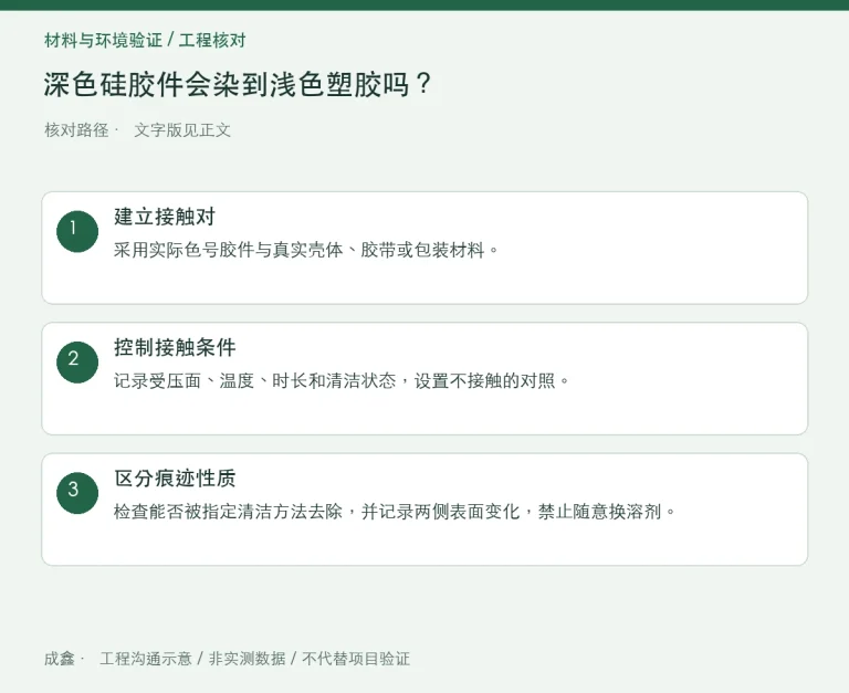 深色硅胶件会染到浅色塑胶吗？接触迁移的配对测试：原创工程核对路径示意