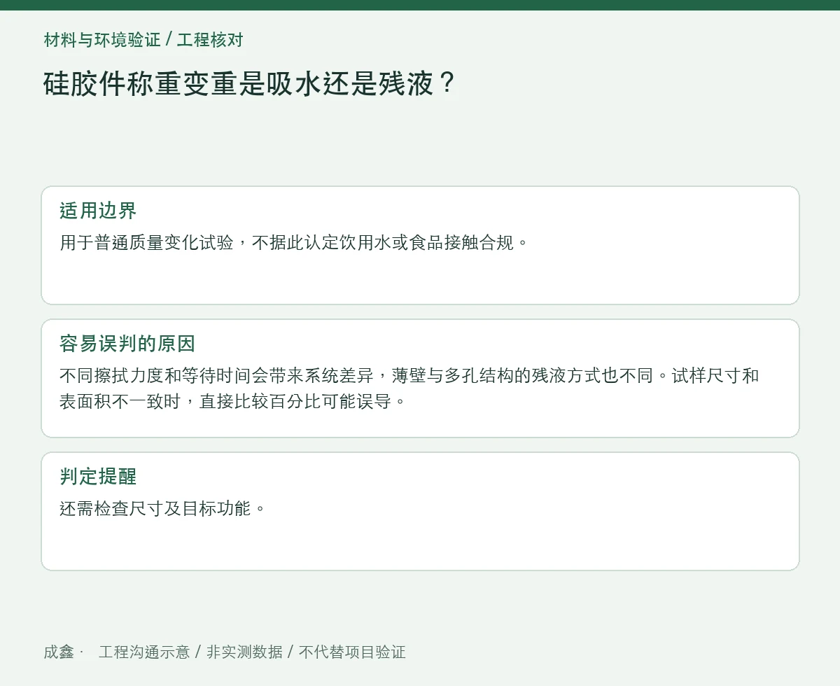 硅胶件称重变重是吸水还是残液?表面处理与恢复状态区分 适用边界与判定提醒图