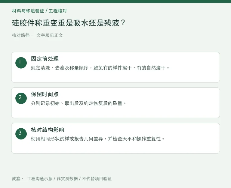 硅胶件称重变重是吸水还是残液？表面处理与恢复状态区分：原创工程核对路径示意