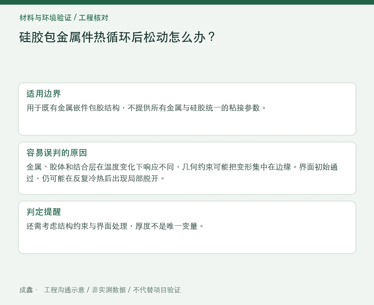 硅胶包金属件热循环后松动怎么办?两种材料的变形协调 适用边界与判定提醒图