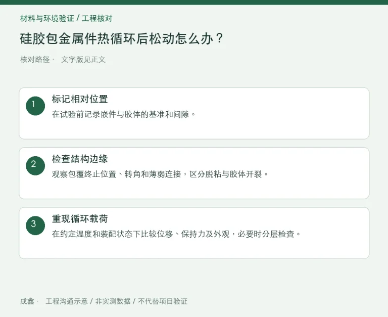 硅胶包金属件热循环后松动怎么办？两种材料的变形协调：原创工程核对路径示意