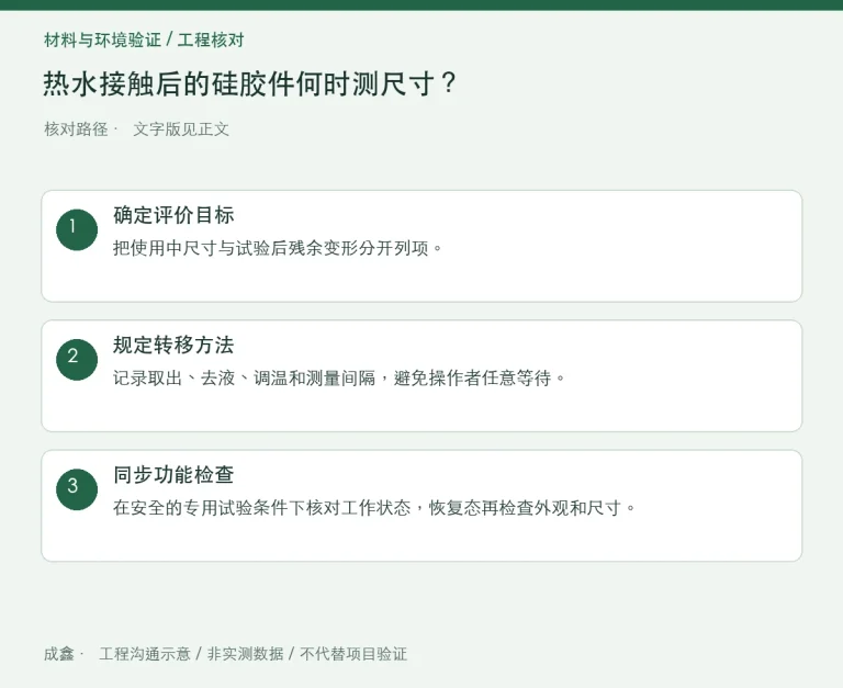 热水接触后的硅胶件何时测尺寸？热态与恢复态结果分别记录：原创工程核对路径示意
