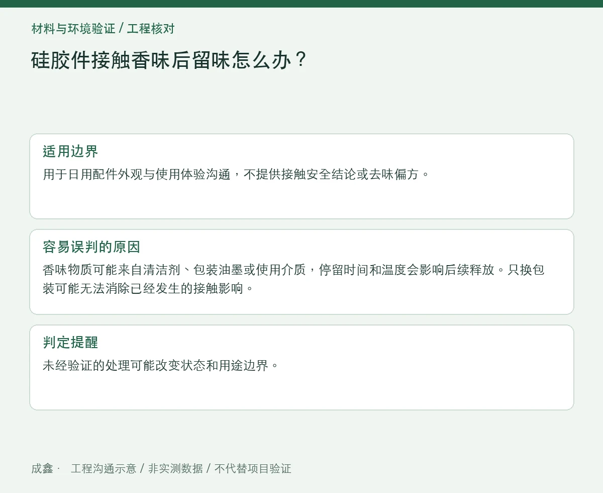 硅胶件接触香味后留味怎么办?吸附、包装与清洗对照 适用边界与判定提醒图