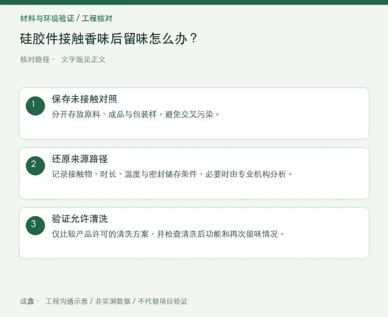 硅胶件接触香味后留味怎么办？吸附、包装与清洗对照：原创工程核对路径示意