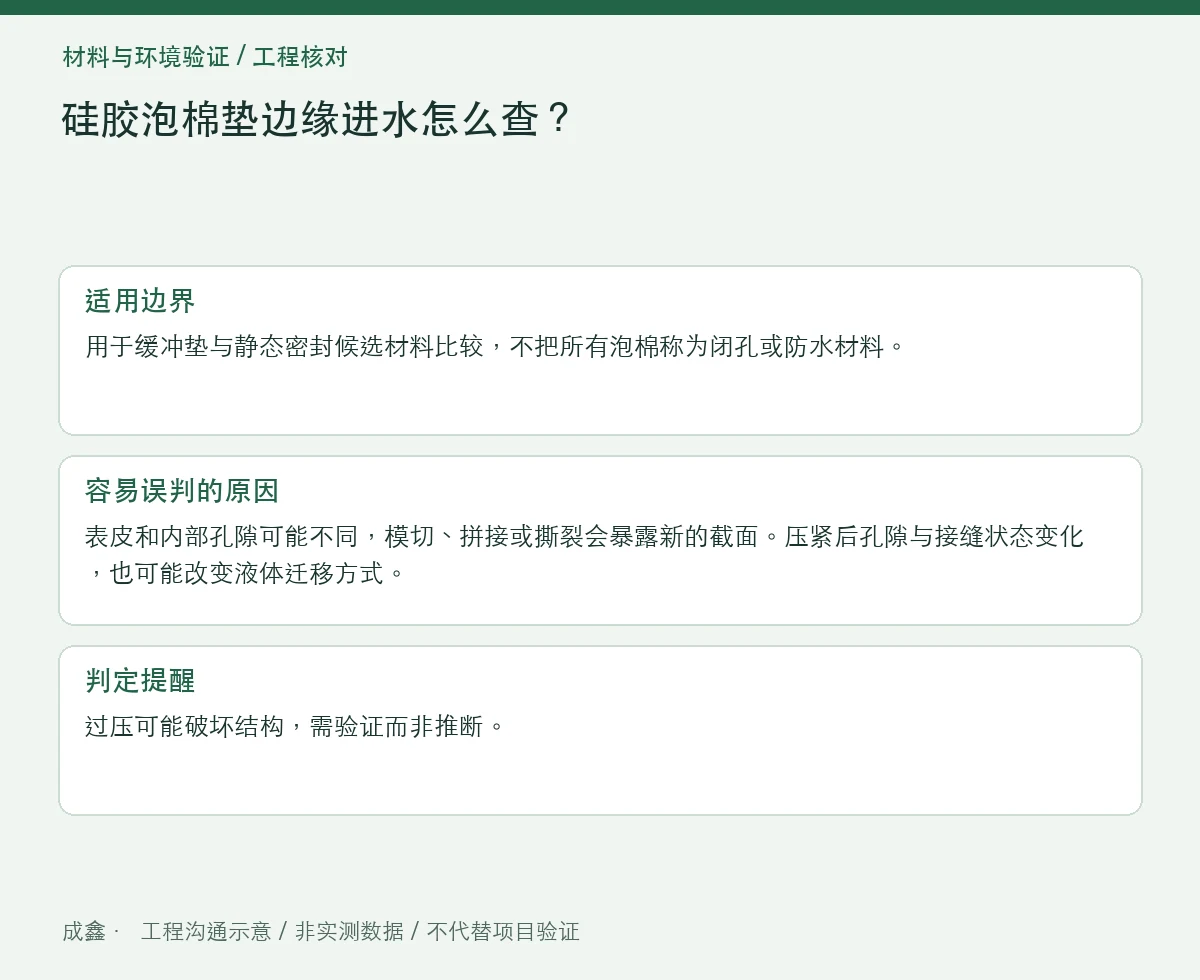 硅胶泡棉垫边缘进水怎么查?孔隙结构、切边与压缩状态 适用边界与判定提醒图