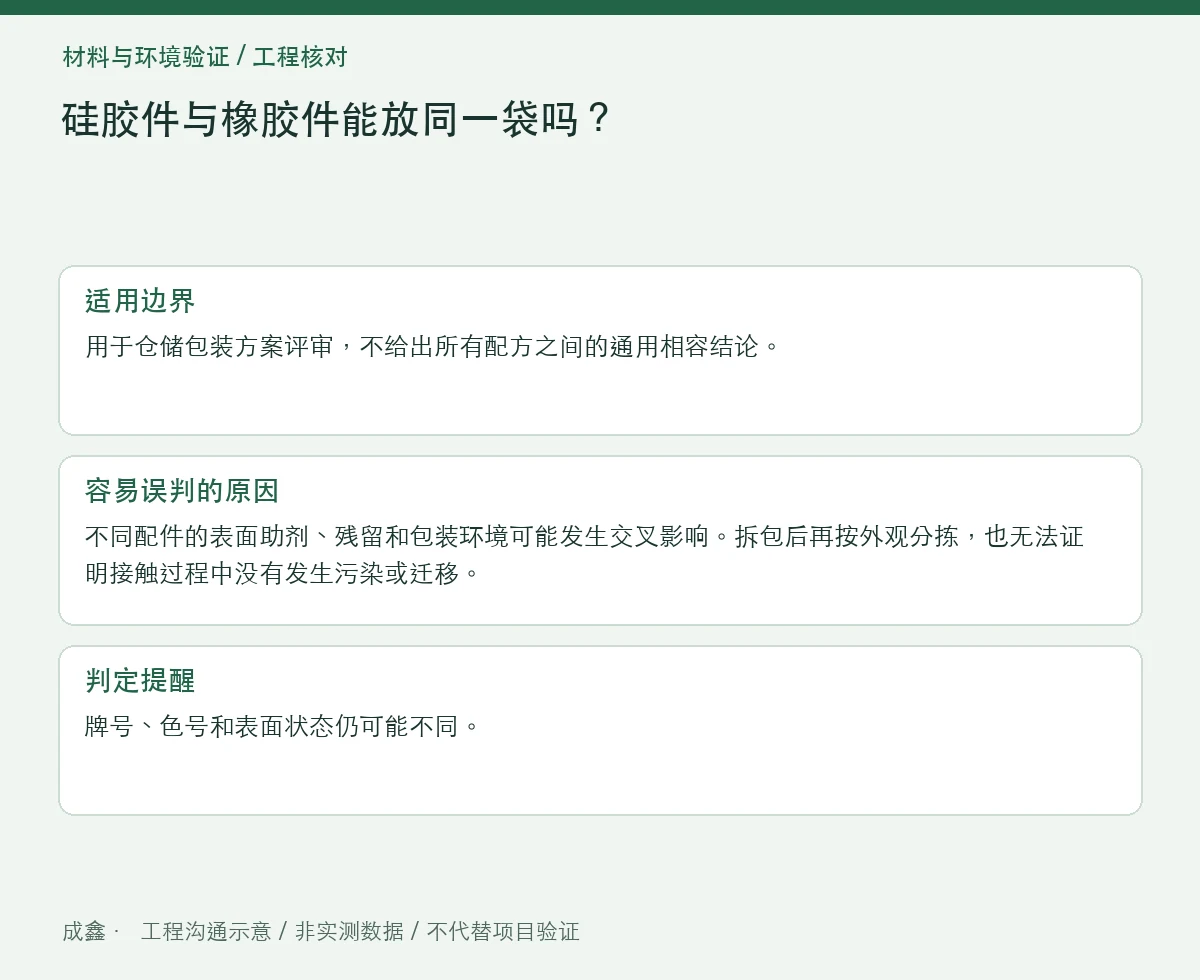 硅胶件与橡胶件能放同一袋吗?混装污染和识别风险检查 适用边界与判定提醒图