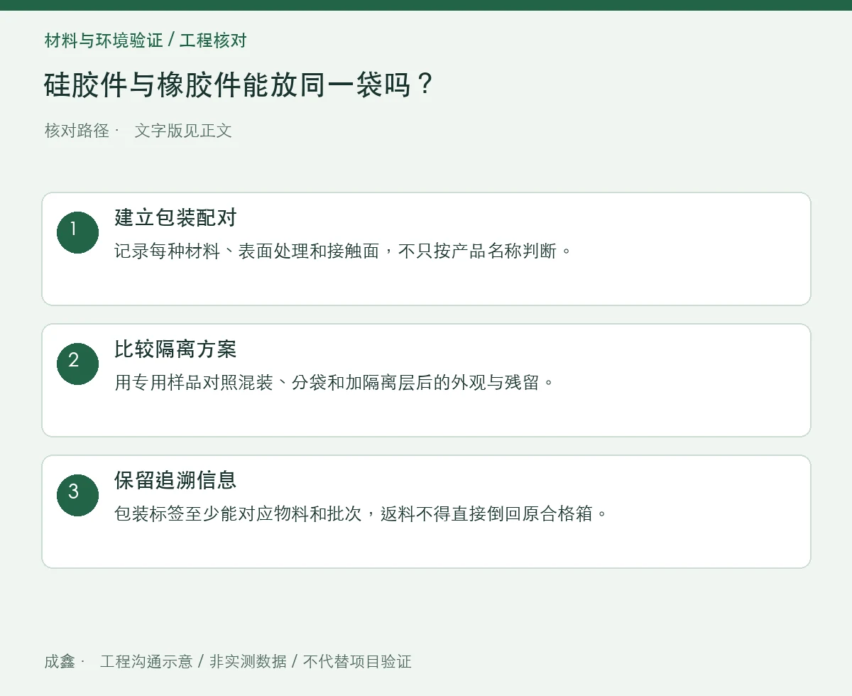 硅胶件与橡胶件能放同一袋吗?混装污染和识别风险检查 三步核对图