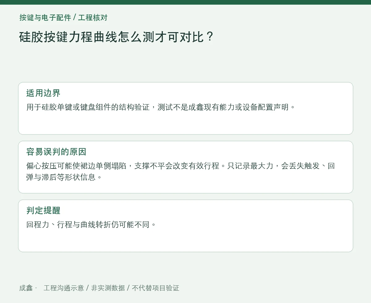 硅胶按键力程曲线怎么测才可对比？压头、速度与支撑条件 适用边界与判定提醒图