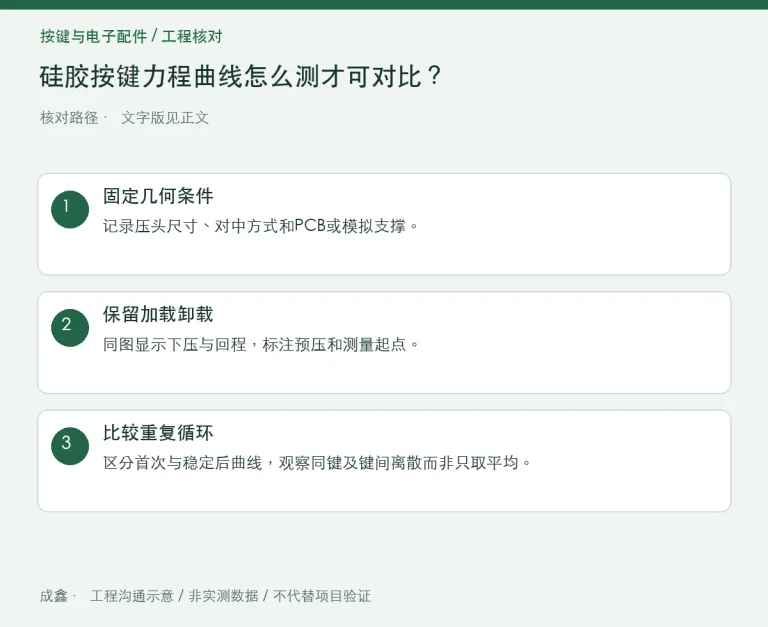 硅胶按键力程曲线怎么测才可对比？压头、速度与支撑条件：原创工程核对路径示意