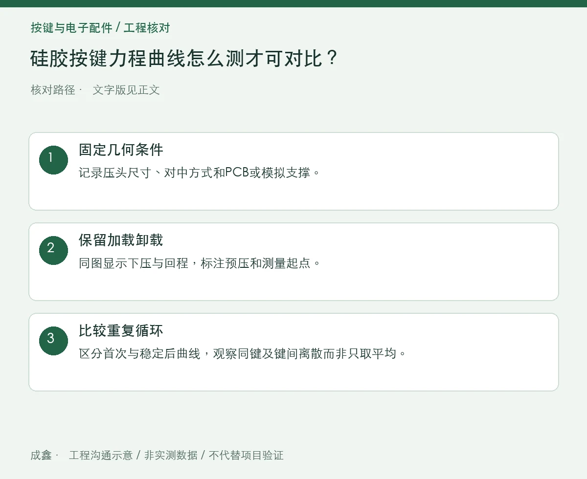 硅胶按键力程曲线怎么测才可对比？压头、速度与支撑条件 三步核对图