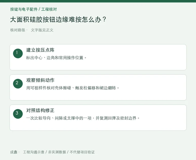 大面积硅胶按钮边缘难按怎么办？偏心载荷与导向干涉检查：原创工程核对路径示意