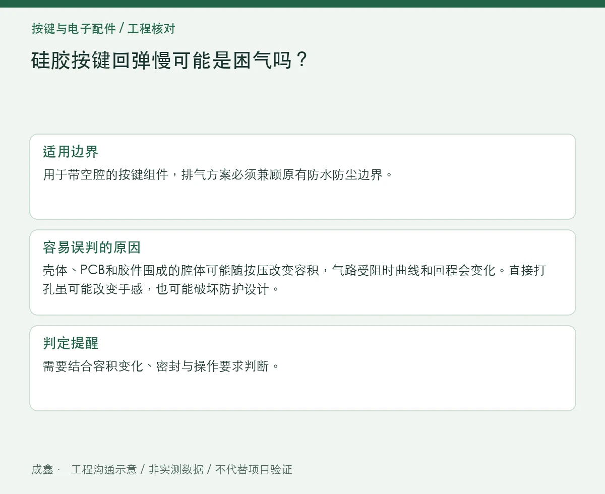 硅胶按键回弹慢可能是困气吗？排气路径与裙边结构分开查 适用边界与判定提醒图